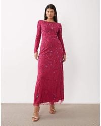 Beauut - Fully Embellished Beaded Mesh Overlay Slash Neck Maxi Dress - Lyst