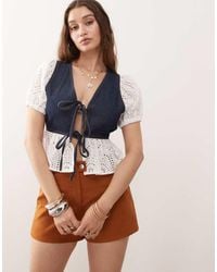 Miss Selfridge - Denim Tie Front Broderie Detail Shirt - Lyst