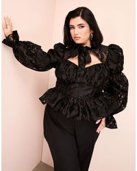 ASOS - Curve Pussy Bow Puff Sleeve Lace Top - Lyst