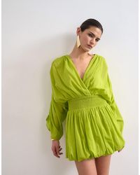 TOPSHOP - Cotton Long Sleeved Deep Plunge Bubble Hem Mini Dress - Lyst