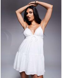 Princess Polly - Nicoletta Linen Blend Lace Trim Babydoll Tiered Mini Dress - Lyst