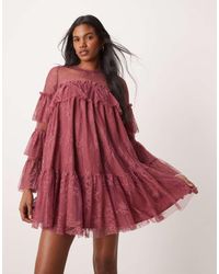 ASOS - Vestido Corto Color Baya De Corte Amplio Con Volantes En Las Mangas De Encaje De -Rojo - Lyst