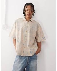 Reclaimed (vintage) - Linen Look Short Sleeve Boxy Shirt With Blue Floral Print Details - Lyst