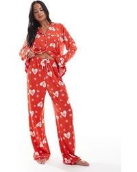 Loungeable - Superzachte Jersey Pyjamaset Met Top Met Reverskraag En Broek Met Wijde Pijpen En Ster-Oogjesprint - Lyst