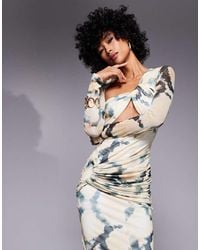 ASOS - Mesh Long Sleeve Maxi Dress With Twist Bust Detail And Draped Skirt - Lyst