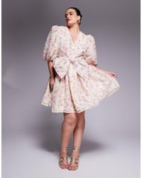 ASOS - Curve - robe courte en jacquard à manches bouffantes et nœud - imprimé fleurs - Lyst