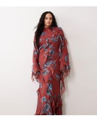 ASOS - Asos Design Curve Draped Raw Edge Ruffle Trim Long Sleeve Maxi Dress - Lyst