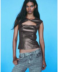 Bershka - Sleeveless Leather Effect Cut-out Top - Lyst