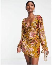 ASOS - Tie Front Mini Dress With Floral Burnout Print - Lyst