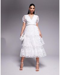 Maya - Floral Embroidered Tiered Organza Midi Dress - Lyst