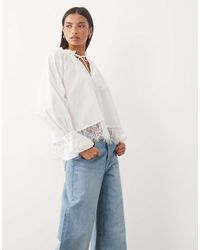 ASOS - Cotton Poplin Tie Neck Blouse With Lace Hem - Lyst