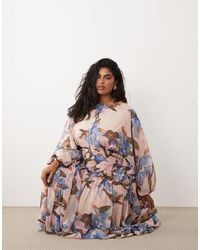 asos design satin twist bodice maxi dress with blouson sleeves ASOS DESIGN satin high neck maxi dress with blouson sleeve in purple