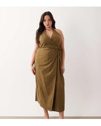 ASOS - Asos Design Curve Cotton Linen Halter Neck Wrap Maxi Sundress - Lyst