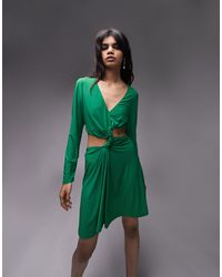 TOPSHOP Twist Front Long Sleeve Cut Out Mini Dress - Green