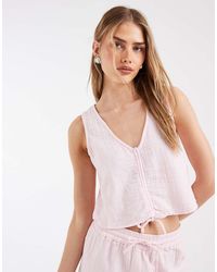 Pieces - Crinkle Cotton Sleeveless Tie Front Top - Lyst