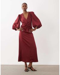 Y.A.S - Knot Front Volume Sleeve Satin Midi Dress - Lyst