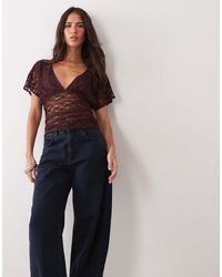 Miss Selfridge - Lace V-Neck Top With Gathered Waist - Lyst