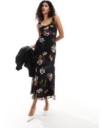 ASOS - Vestido lencero midi negro con estampado floral y cuello ancho - Lyst