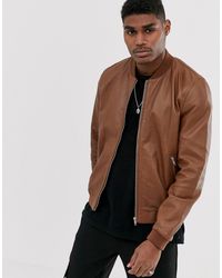 ASOS Leather Bomber Jacket - Brown