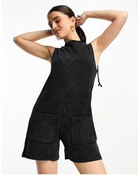 ASOS - Ribbed Playsuit With Tie Shoulder - Lyst