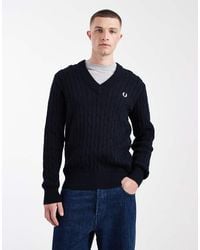 Fred Perry - Cable Knit V-neck Logo Jumper - Lyst