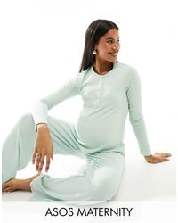 ASOS - Top de pijama verde con cuello panadero de encaje y canalé mix & match de asos design maternity - Lyst