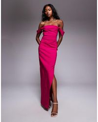 Vesper - Bengaline Off Shoulder Ruched Waist Detail Side Split Maxi Dress - Lyst