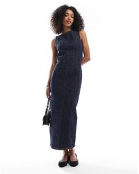 ASOS - Cinched Waist Denim Maxi Dress With Front Slit - Lyst