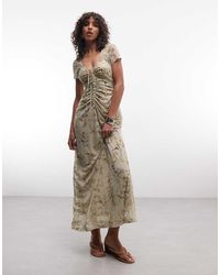 AllSaints - Gabby Short Sleeve Gathered Floral Mesh Midi Dress - Lyst