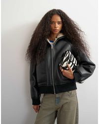 TOPSHOP - Faux Leather Hooded Shearling Bomber Jacket - Lyst