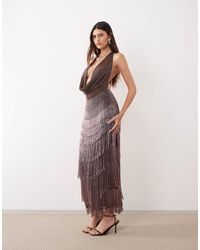 ARRANGE Beaded Fringe Plunge Cowl Neck Maxi Dress in Green | Lyst Canada
