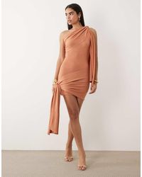 Aria Cove - Shimmer Knit Asymmetric Shoulder Drape Detail Tie Side Mini Dress - Lyst