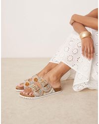 Asos Design Wide Fit - Funky Beaded Double Strap Flat Mules - Lyst