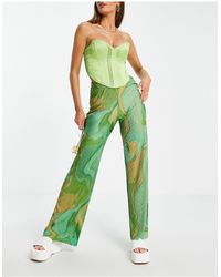 Pull&Bear High Waist Printed Trousers - Green