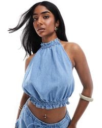 Pull&Bear - Denim Top Met Halterhals En Ruches - Lyst
