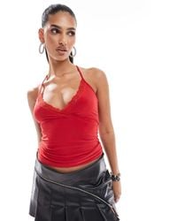 Fashionkilla - Slinky Double Layered Wrap Halterneck Top With Lace Trim - Lyst