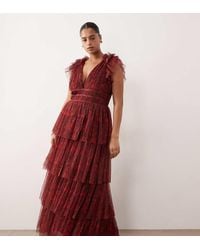 Lace & Beads Plus - Tulle Flutter Sleeve Plunge Neck Tie Maxi Dress - Lyst