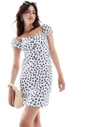 ASOS - Square Neck Mini Dress With Puff Sleeve And Button Front - Lyst