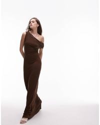 TOPSHOP - Robe longue près du corps en jersey à épaules dénudées - marron chocolat - Lyst