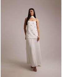 Six Stories - Bridal Pearl Embellished Pleated Drop Waist Scarf Detail Maxi Dress - Lyst