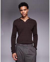 ASOS - Polo moulant à manches longues en maille côtelée avec col cranté - marron - Lyst