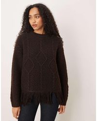 ASOS - Cable Knit Crew Neck Fringed Sweater - Lyst