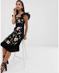 asos design embellished halter midi dress with floral embroidery