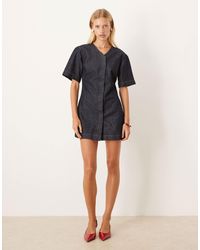 ASOS - Denim High V Neck Mini Dress With Short Sleeve - Lyst