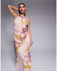 ASOS - – asymmetrisches, drapiertes maxikleid mit rückenausschnitt und überdimensionalem rosa blumenmuster - Lyst