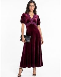 Lovedrobe - Short Sleeve V Neck Lace Trim Velvet Midaxi Dress - Lyst
