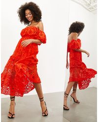 Robe mi longue en broderie anglaise ASOS en coloris Rouge Lyst