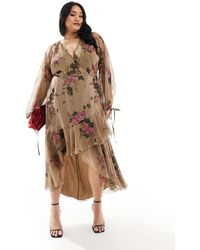 ASOS - Exclusivité - asos design curve - robe portefeuille mi-longue en mousseline à manches longues - vert à imprimé fleurs - Lyst