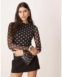 ASOS - Polka Dot Printed Mesh Angel Sleeve Top With Open Tie Back - Lyst