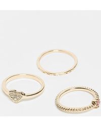ASOS - Set Van 3 Ringen Met Roze Glinsterende Kristallen Hartje - Lyst
